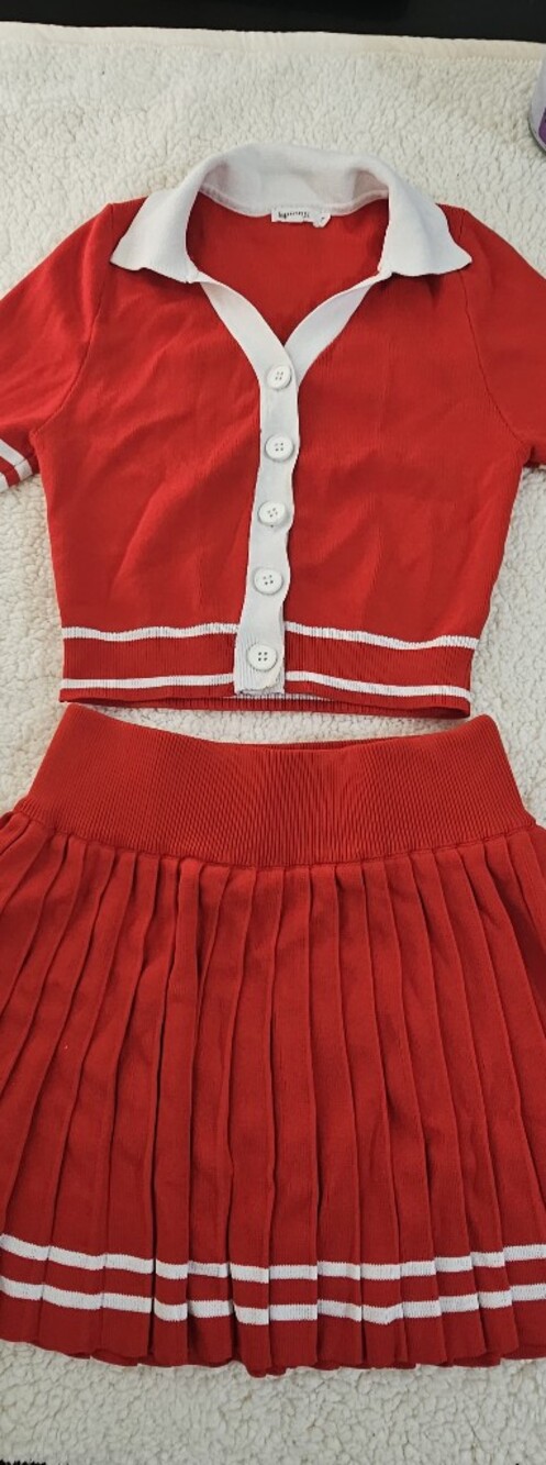 Red Girls' Pleated Skirt and Buttoned Top Set
